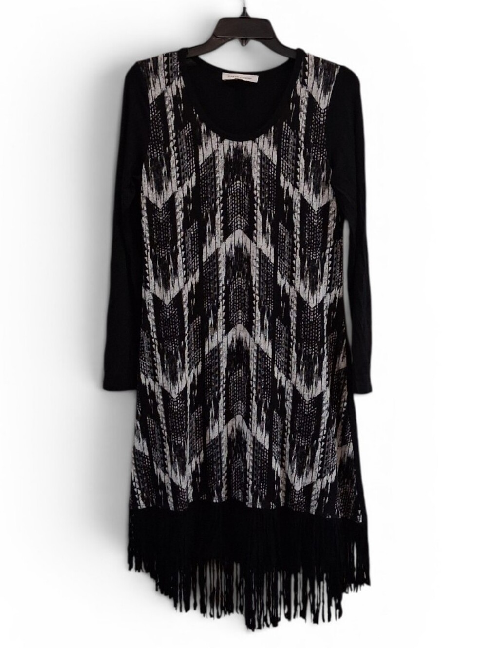 Karen Kane Print Front Fringe Women's High Low Shift Dress Black Off White SZ  L